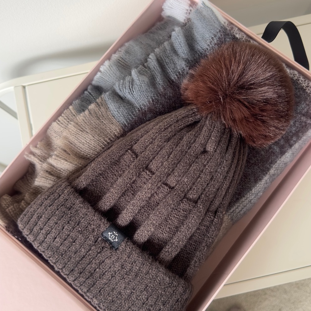Nanette Lepore Women's Faux Fur Pompom Beanie & Scarf Set — Brown Tan Neutral